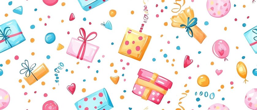 Playful birthday gift voucher seamless pattern, confetti and party elements in bright colors