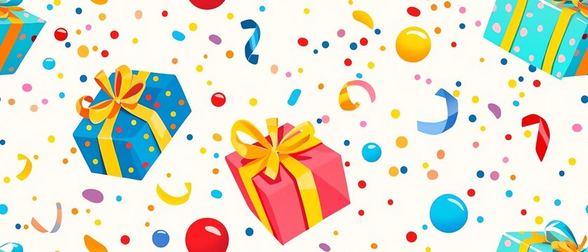 Playful birthday gift voucher seamless pattern, confetti and party elements in bright colors