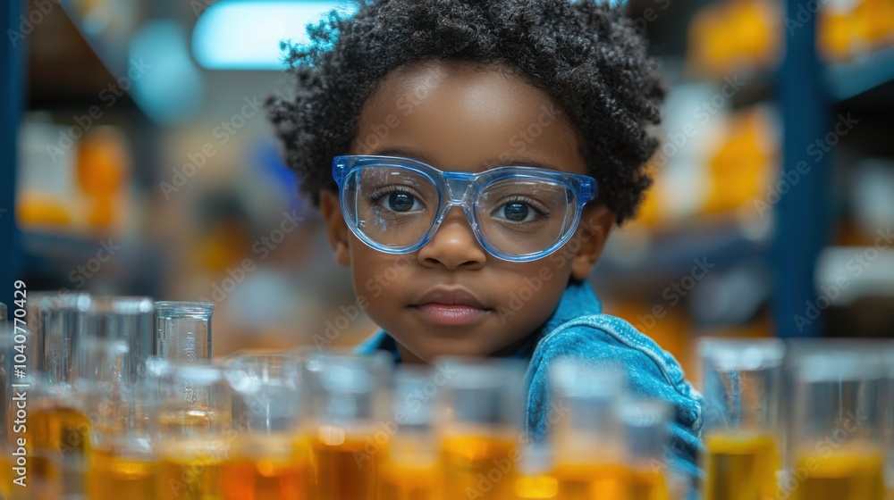 Poster a curious child experiments with colorful liquids in a lab setting.
