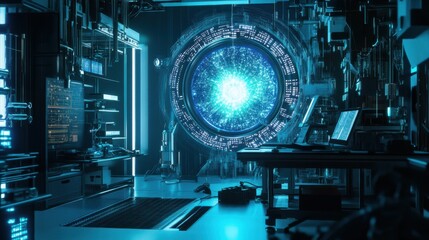 A futuristic laboratory specializing in quantum teleportation experiments, Quantum teleportation style, photo of