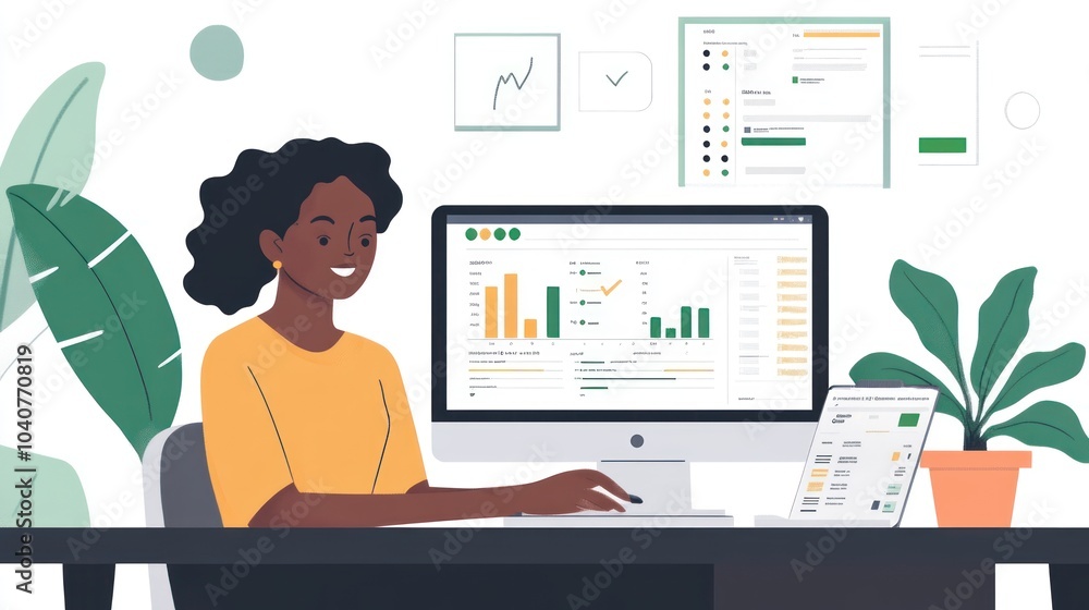 Aufkleber woman working on computer with charts and graphs