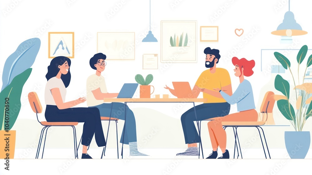 Aufkleber four colleagues are sitting around a table in a relaxed setting, discussing ideas and looking at lap