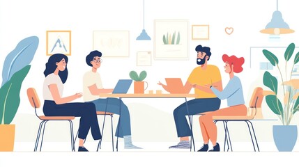 Four colleagues are sitting around a table in a relaxed setting, discussing ideas and looking at laptops. They are in an office, surrounded by plants and artwork.