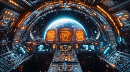 Fototapeta premium Futuristic spacecraft cockpit with Earth visible outside.