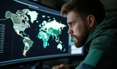 A man looking at a computer screen with a world map on it - Technology