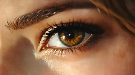 Obraz premium Close-up of a Woman's Eye with Brown Iris and Long Eyelashes
