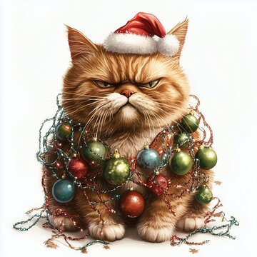 Grumpy ginger cat wrapped in Christmas lights, a dramatic festive portrait with attitude and charm