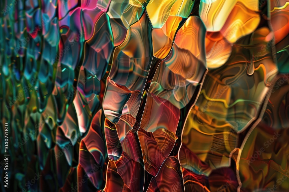Poster abstract colorful waves with a fluid, reflective texture.