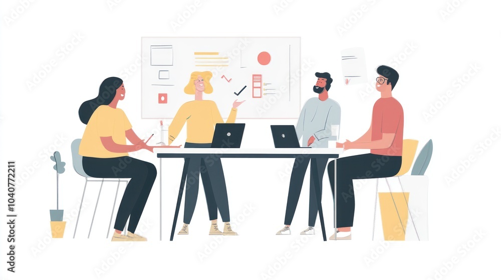 Poster a group of four colleagues are having a meeting around a table with a whiteboard behind them. the wo