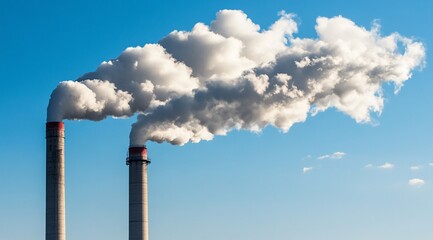 Close-up of two large smokestacks emitting thick white clouds against the blue sky, representing industrial air pollution.