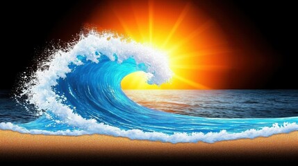 Powerful Ocean Wave Crashing into the Dramatic Sunset Sky