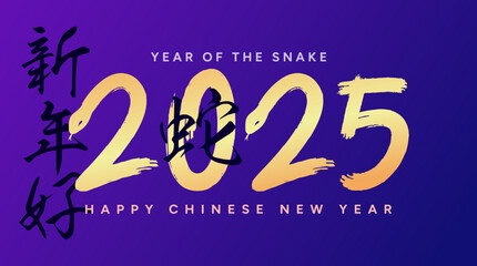 Chinese New Year 2025 Year of the Snake banner. Vector background and calligraphic numbers with snakes illustration design. Greeting card frame with chinese characters.