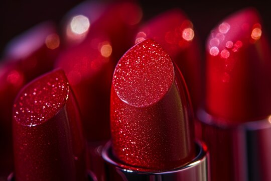 A stunning display of vibrant red lipsticks glistens under soft lighting, showcasing their rich textures and shimmering finishes
