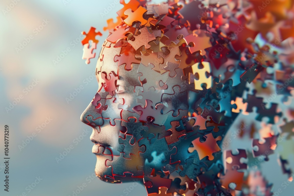 Poster a surreal representation of a head made of puzzle pieces, symbolizing complexity of the mind.