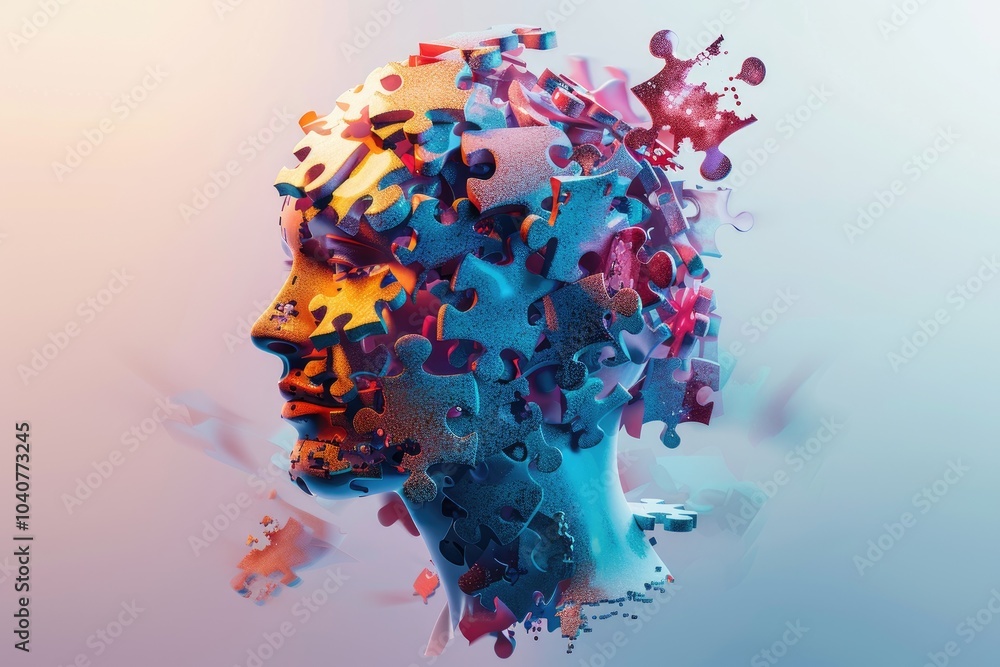 Poster a surreal representation of a fragmented human head made of puzzle pieces, symbolizing complexity.