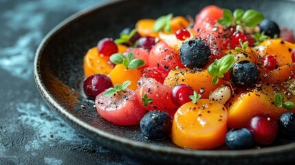 Colorful fruit salad with berries and herbs on a dark plate.