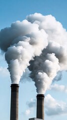Close-up of two large smokestacks emitting thick white clouds against the blue sky, representing industrial air pollution.