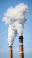 Close-up of two large smokestacks emitting thick white clouds against the blue sky, representing industrial air pollution.