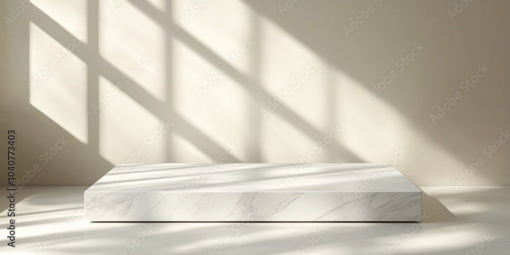 Poster a minimalist display platform with soft shadows highlighting its marble surface.