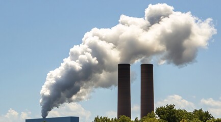 Close-up of two large smokestacks emitting thick white clouds against the blue sky, representing industrial air pollution.