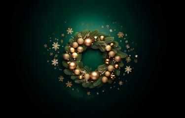 Obraz premium A gold and green Christmas wreath with snowflakes falling around it.
