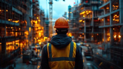 Obraz premium Worker observing a bustling construction site at dusk.