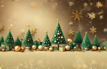 Obraz premium Christmas trees with ornaments and gifts on a sparkling gold background.