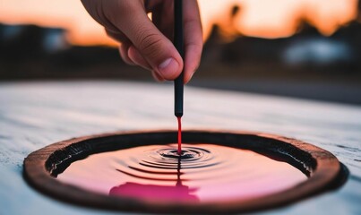 Obraz premium A person ' s hand holding a paint brush over a water puddle - Outdoor