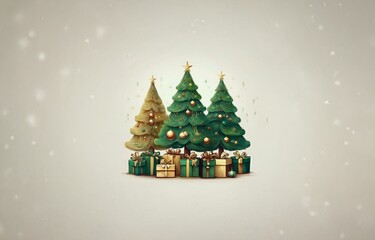 Three decorated Christmas trees with gold ornaments and stars stand on a light beige background with small snowflakes falling around them. They have presents at their base, wrapped in green paper with