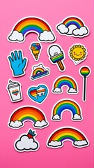 LGBT Sticker Pack with Rainbow Elements on Pink Background