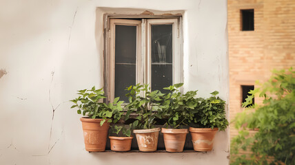 Window with five terracotta pots of vibrant green plants against a rustic white wall, adding charm to the exterior.