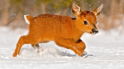 Energetic Fawn Leaping Through Snow Covered Forest in Winter