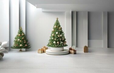 A decorated Christmas tree stands on a pedestal in a minimalist white room with gifts and a small tree in the background.