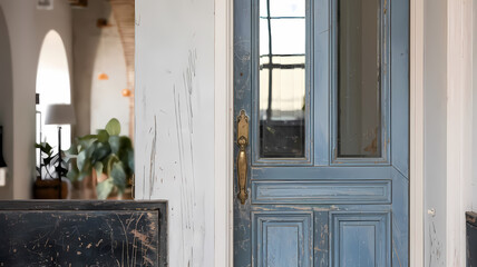 Fototapeta premium Rustic blue door with a glass panel, framed by a cozy interior featuring greenery and soft lighting. Ideal for home decor inspiration.