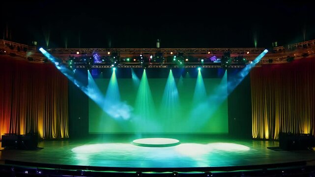 Dramatic Empty Opera Stage Vibrant Lighting Colorful Backdrops 4K Theater Setup light purple art glow motion design dark shine blue bright colours glowing space energy night texture