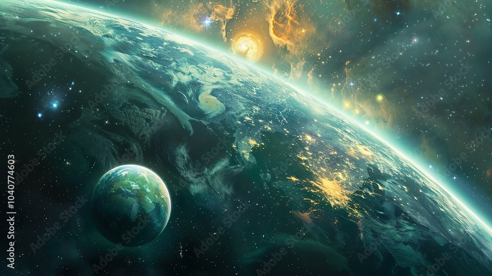 Wall mural a green planet viewed from space with a bright nebula in the background