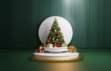 A decorated Christmas tree stands on a white circular pedestal with presents surrounding it. The background is a dark teal wall with vertical lines.
