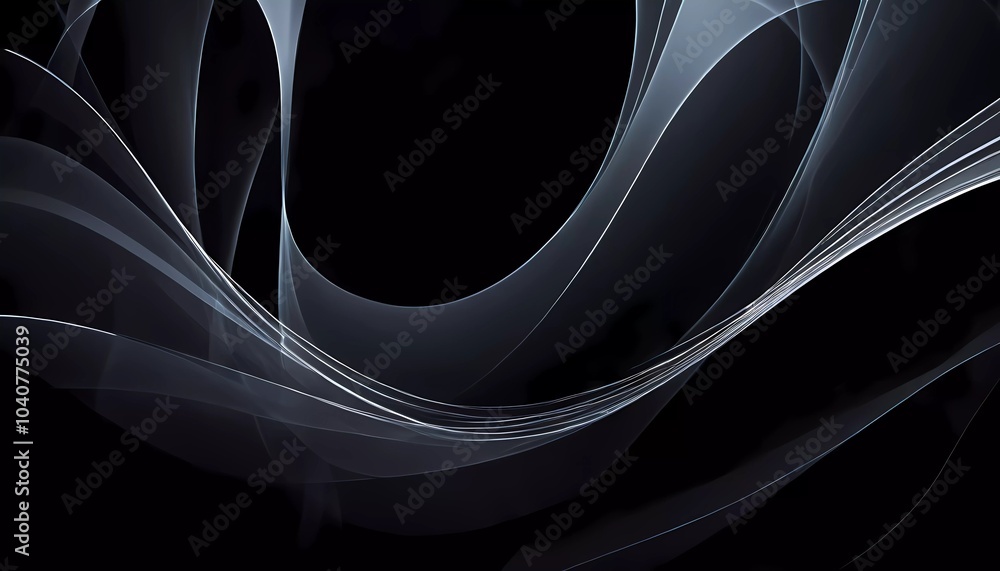 Poster graceful, swirling curves emerging from a dark backdrop, emphasizing fluidity and a dynamic sense of