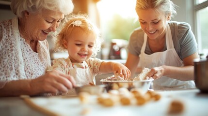 Fototapeta premium Happy Family Baking Together in Kitchen Grandma Mom and Child