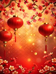 Chinese new year card with flowers and red lanterns. 