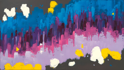 Abstract painting featuring vibrant hues of blue, purple, pink, and yellow, showcasing a dynamic and expressive color blend.