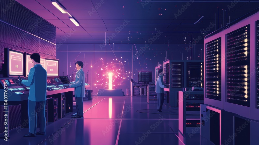 Poster glowing quantum computing lab with advanced servers