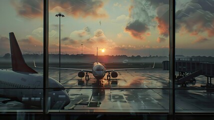 Airplane on the Runway at Sunset