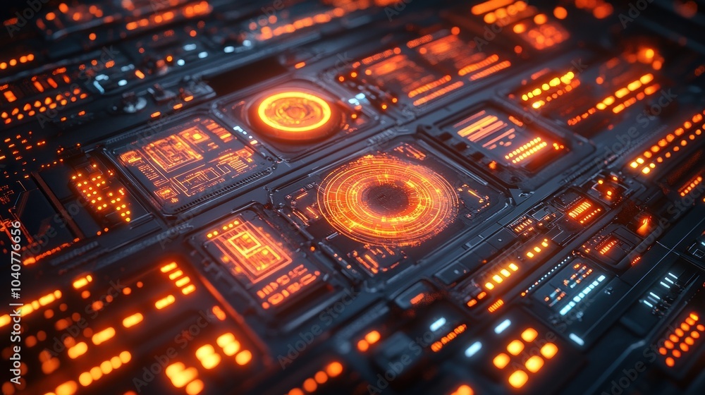 Poster abstract digital circuitry with glowing elements and futuristic design.