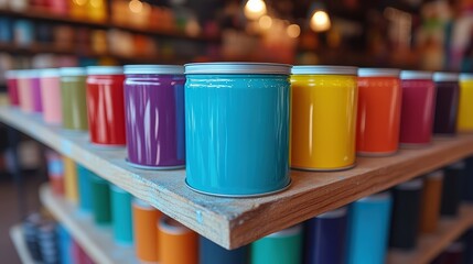 Colorful paint cans on a shelf in an art store
