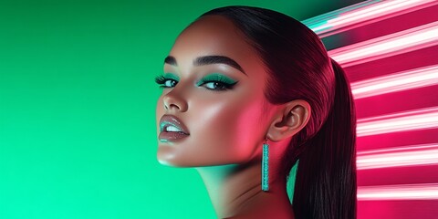 an model with dark hair, wearing green and silver makeup against the vibrant backdrop of neon lights. She is captured in close-up with soft lighting that accentuates her features.