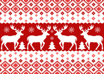 Riendeer,Christmas trees, snowflakes and geometric ornaments. Background for your design.
