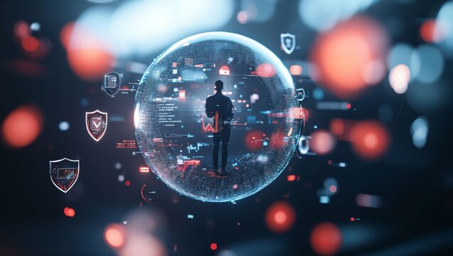 A lone individual encircled by a transparent digital sphere, with colorful data nodes and security icons. The atmosphere conveys a sense of contemplation and connectivity in the tech world.