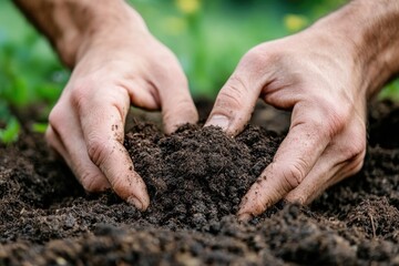 Devoted caretaker: farmer holds soil in his hands, dedication, stewardship, connection to land, nurturing every seed with responsibility, care, cultivating growth for future harvests.