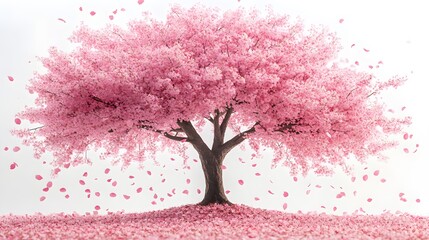Obraz premium Stunning cherry tree covered in soft pink blossoms, petals gently floating in the air, framed by a pure white background, evoking the beauty of spring
